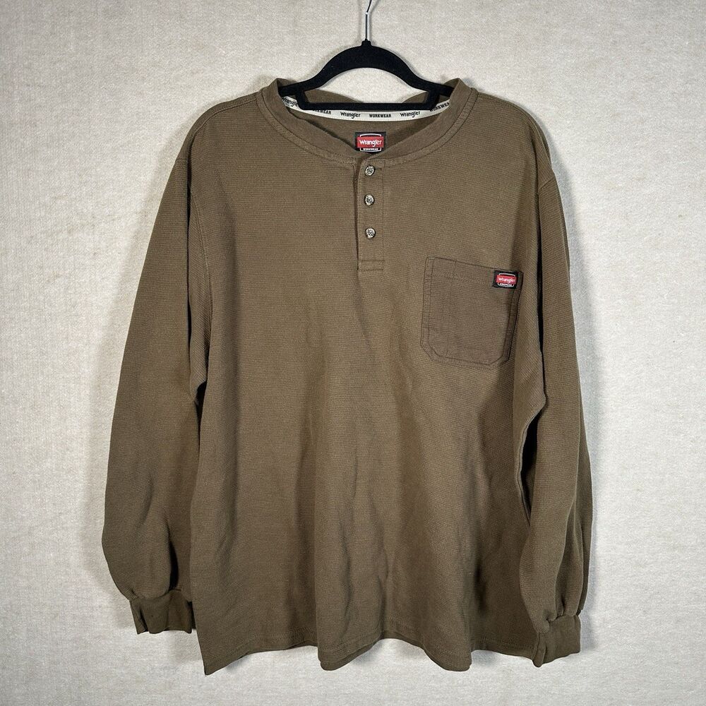 Men’s Wrangler Camel Brown Long Sleeve Pocket Henley Shirt 2XL Buttons Thermal